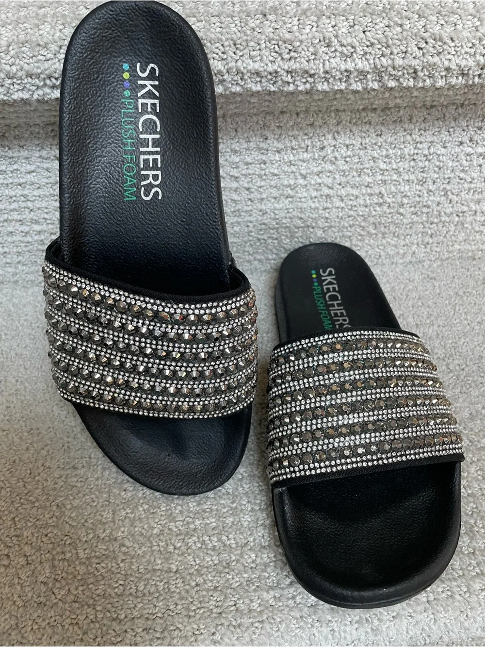 Skechers Black Cali Pop Ups Comfort Foot Bed Bling Sparkle Slides Sandals